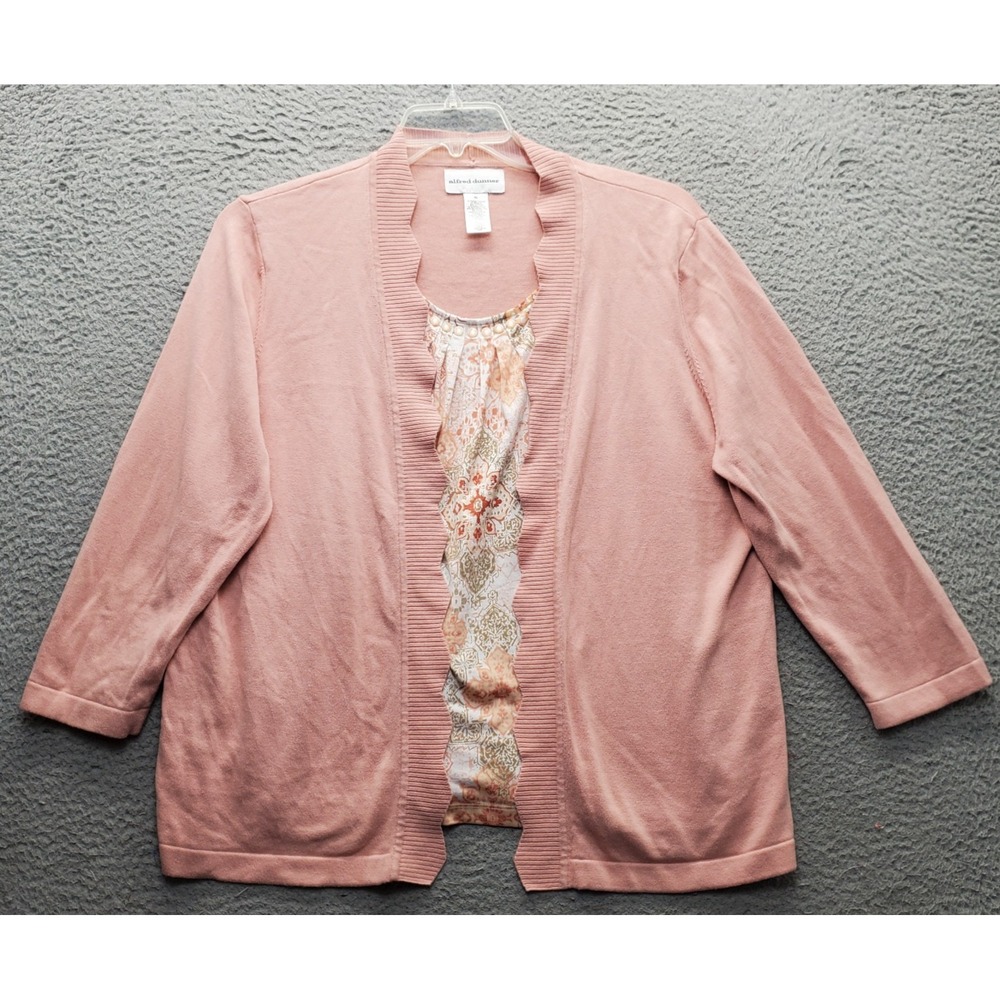 Alfred Dunner Cardigan Sweater Womens XL Pink Floral Pleat Scalloped Edge Detail